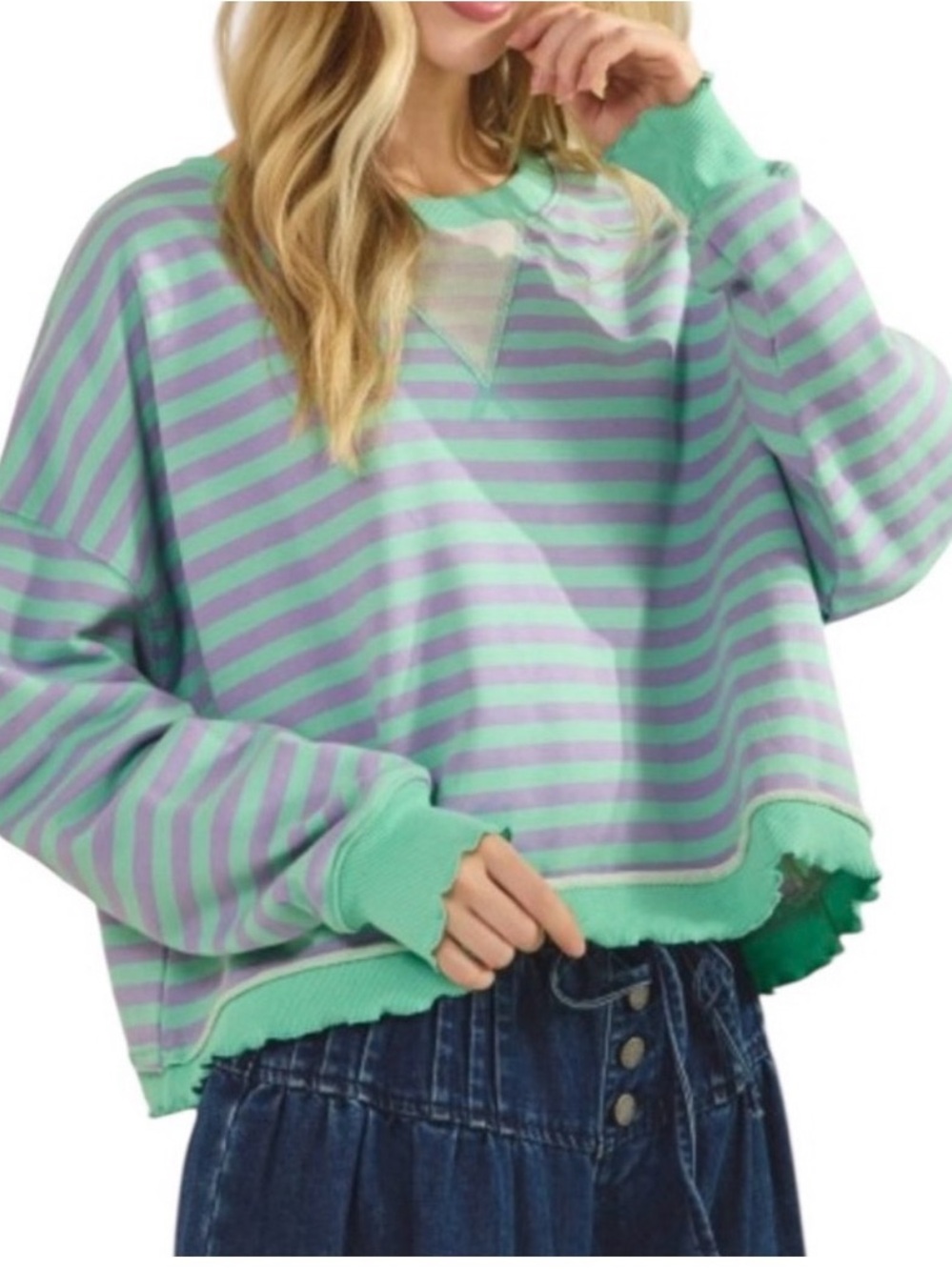 Veveret French terry Mint Green/Lavender Striped Crop ruffled hem Sweatshirt